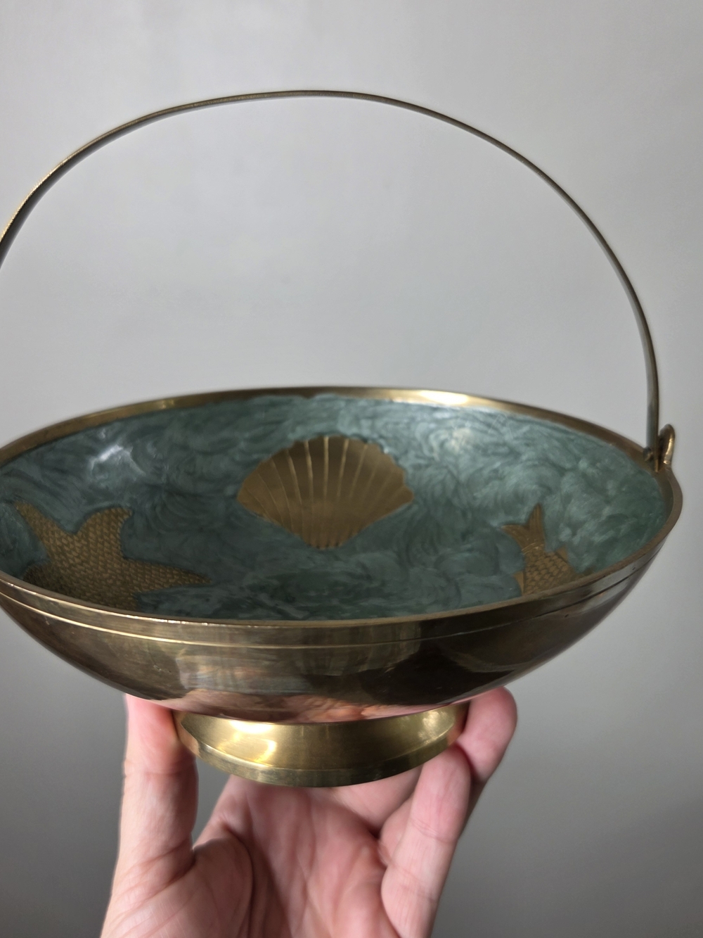 Brass Decorative Cloisonne Bowl with Handle and Sea Motif - Green Interior